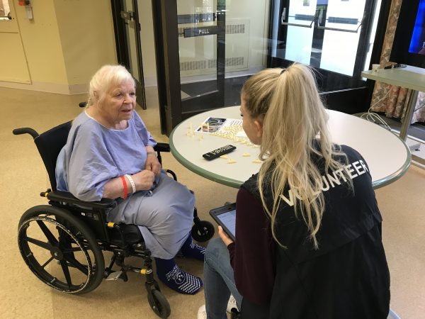 Health care volunteer surveys rehabilitation resident