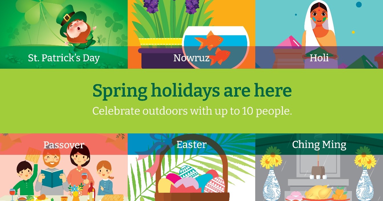 A colourful graphic showing illustrations of spring holidays