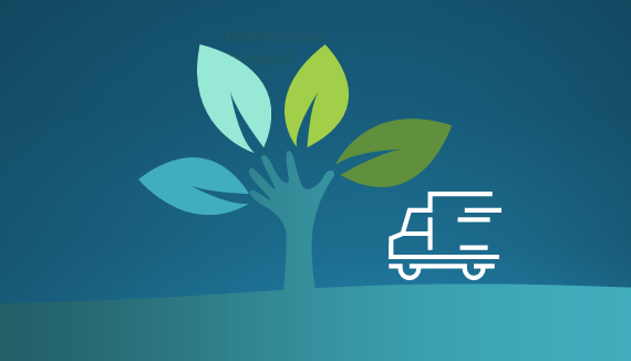 A graphic of a tree with four large leaves and an arm and hand as the tree's trunk. Beside is a graphic of a truck in motion.